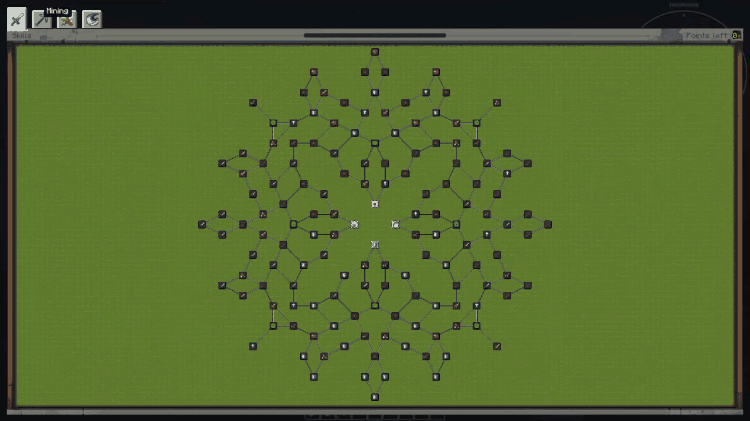 El árbol de habilidades dentro del juego: una red simétrica de nodos conectados que se despliega desde el centro