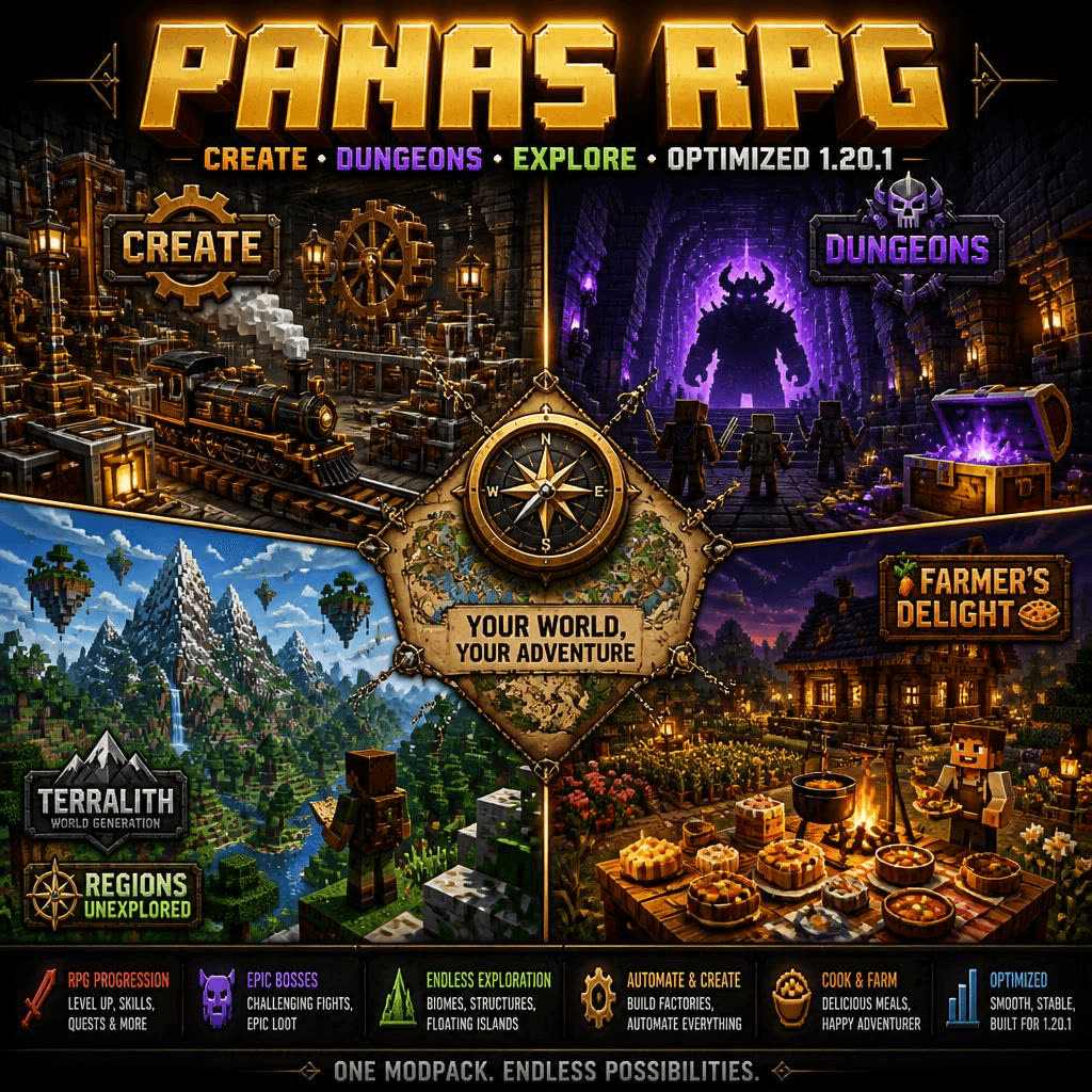 Arte de Panas RPG en cuatro zonas: Create con un tren de vapor y engranajes, mazmorras con un jefe gigante morado y un cofre, Terralith y Regions Unexplored con montañas e islas flotantes, y Farmer's Delight con una mesa llena de platos junto al fuego. En el centro, una brújula sobre un mapa con el lema Your world, your adventure