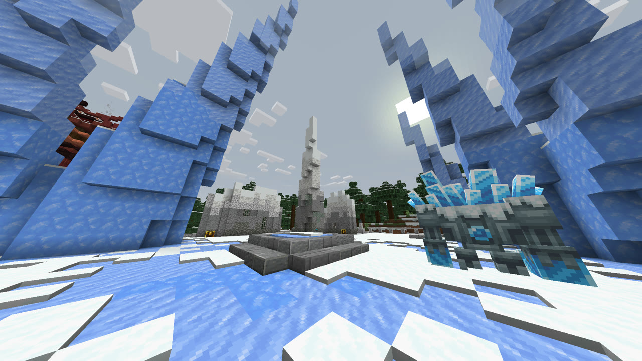 Captura dentro del juego: enormes cristales de hielo azul rodean una pequeña fuente de piedra sobre un suelo nevado